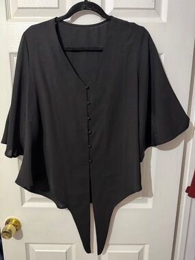 Black V-Neck Button-Front Flutter Sleeve Blouse